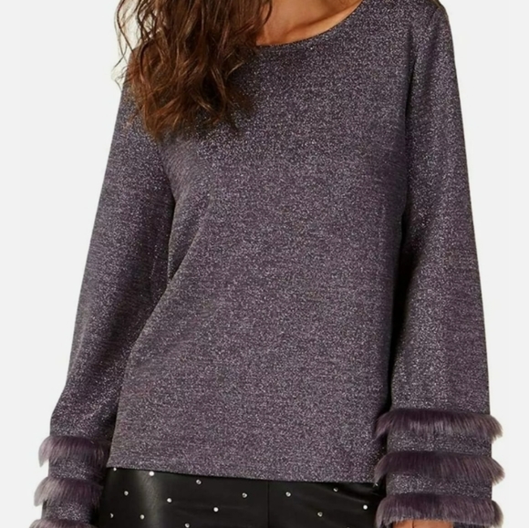 INC International Concepts Tops - Inc Womens Faux-Fur-Trim Metallic Top